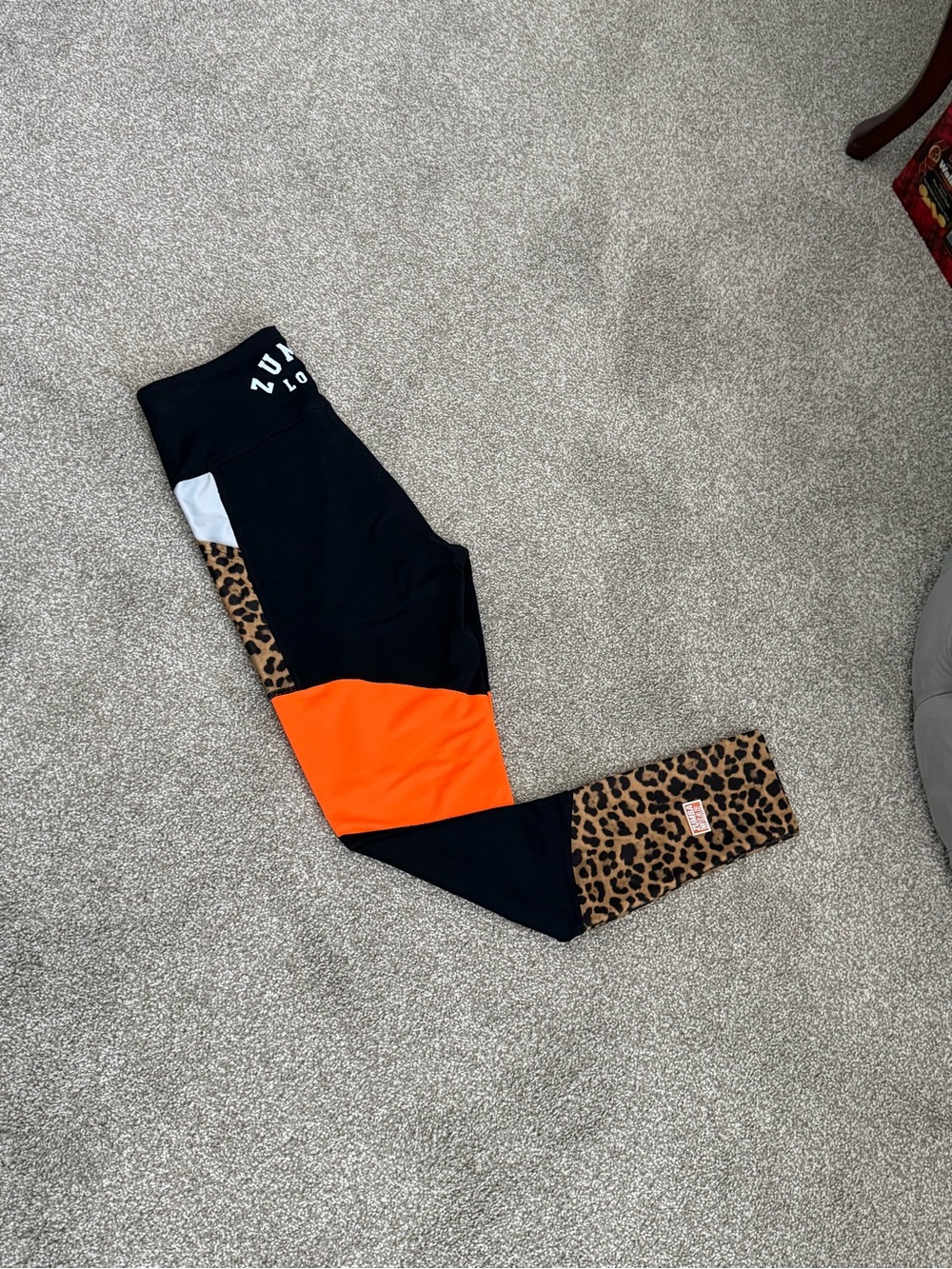 Zumba Fitness Black Leggings with Orange Panel and Leopard Accents